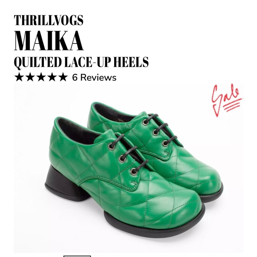 Fluevog Maika Green Quilted Size 7 Like New Leather Lace Up Chunky Heel $399